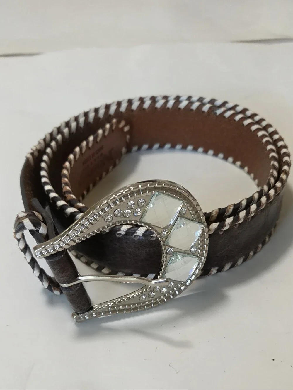Nocona Brown Leather Belt with Rhinestone Buckle & Embroidery Scroll Size L